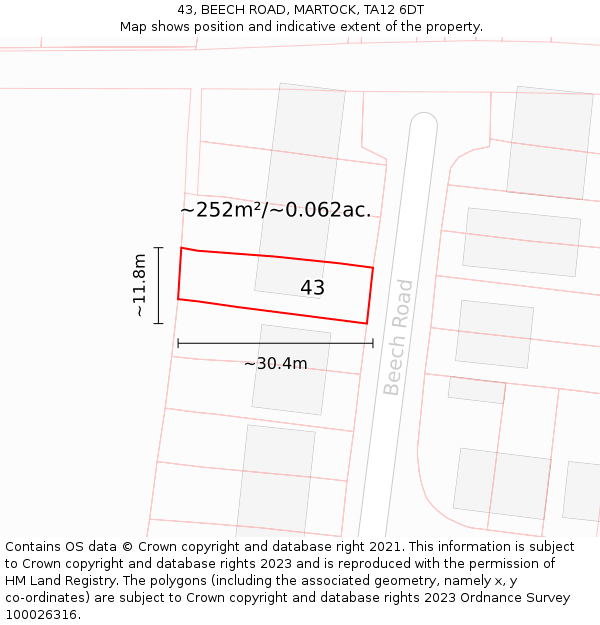 43, BEECH ROAD, MARTOCK, TA12 6DT: Plot and title map