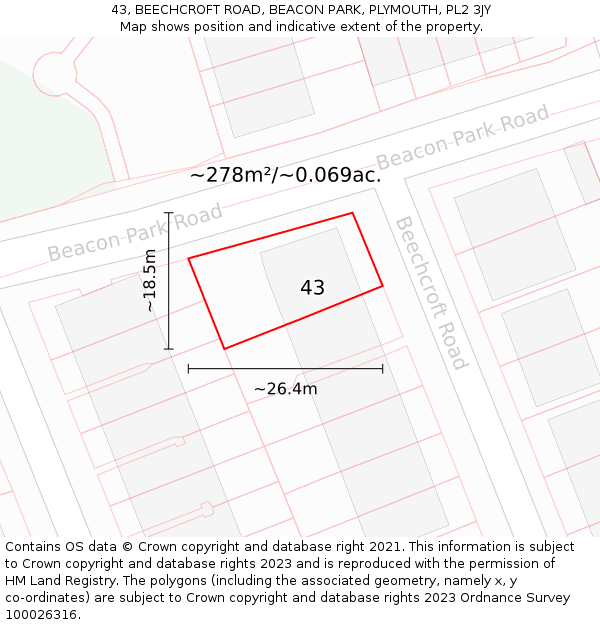 43, BEECHCROFT ROAD, BEACON PARK, PLYMOUTH, PL2 3JY: Plot and title map
