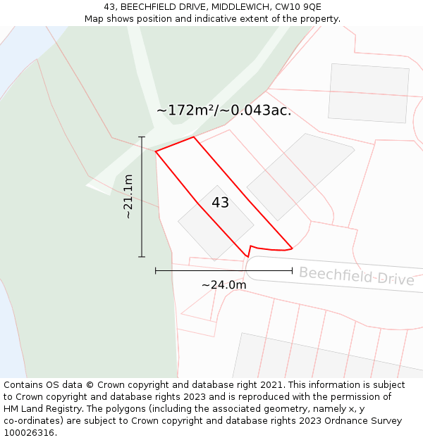 43, BEECHFIELD DRIVE, MIDDLEWICH, CW10 9QE: Plot and title map