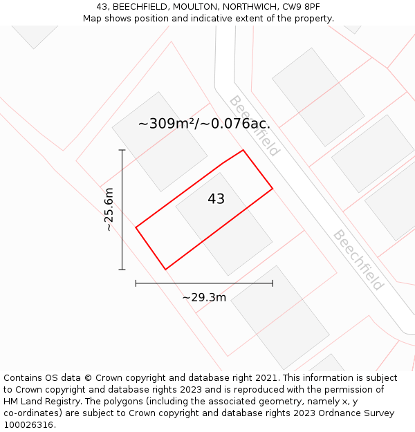43, BEECHFIELD, MOULTON, NORTHWICH, CW9 8PF: Plot and title map