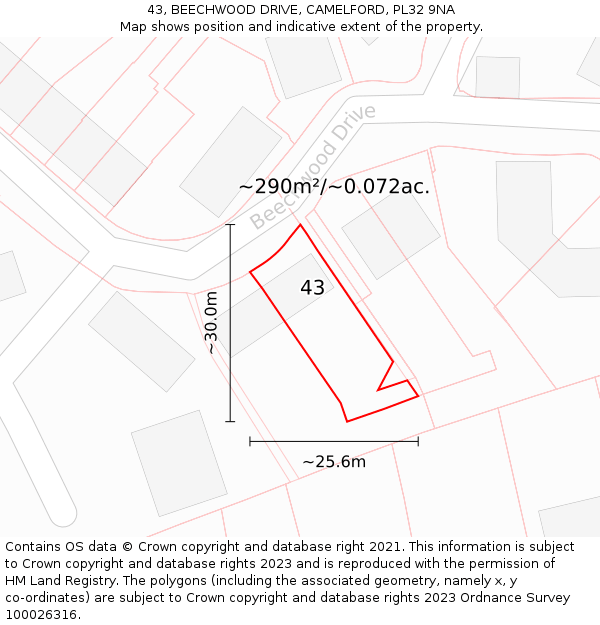 43, BEECHWOOD DRIVE, CAMELFORD, PL32 9NA: Plot and title map