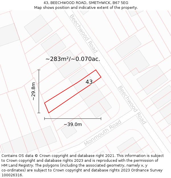 43, BEECHWOOD ROAD, SMETHWICK, B67 5EG: Plot and title map