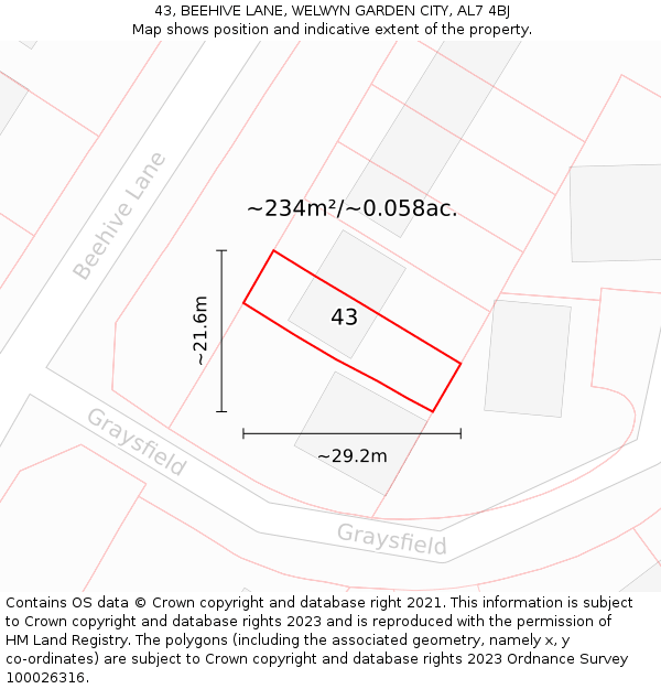 43, BEEHIVE LANE, WELWYN GARDEN CITY, AL7 4BJ: Plot and title map