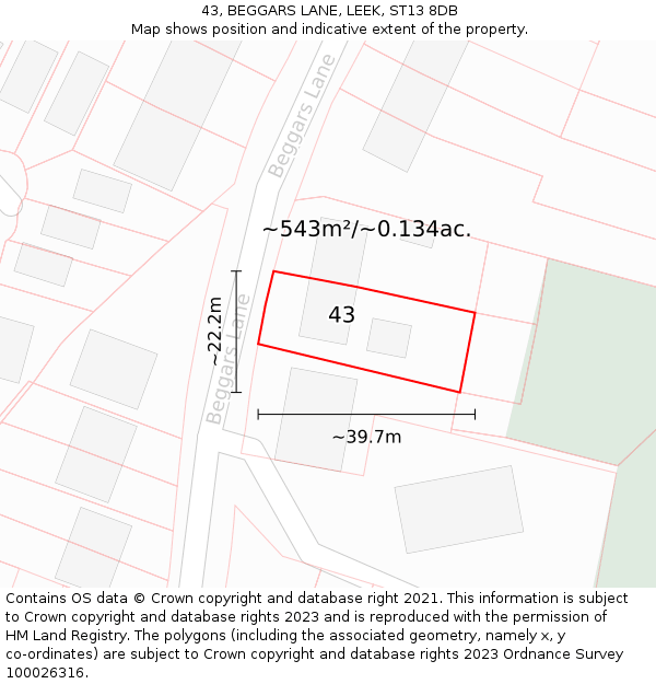 43, BEGGARS LANE, LEEK, ST13 8DB: Plot and title map