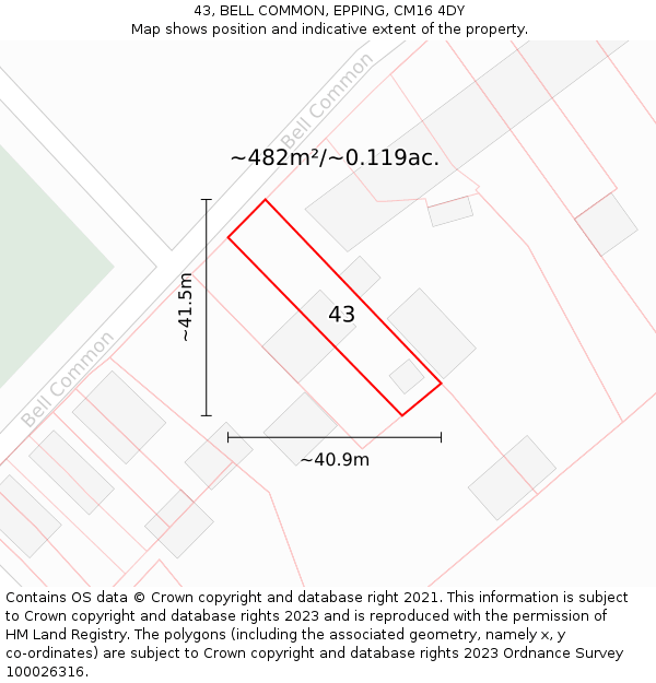 43, BELL COMMON, EPPING, CM16 4DY: Plot and title map