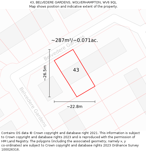 43, BELVEDERE GARDENS, WOLVERHAMPTON, WV6 9QL: Plot and title map