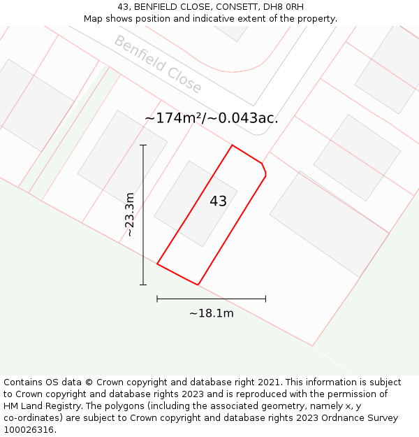 43, BENFIELD CLOSE, CONSETT, DH8 0RH: Plot and title map
