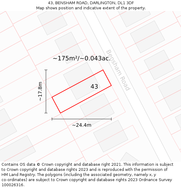 43, BENSHAM ROAD, DARLINGTON, DL1 3DF: Plot and title map