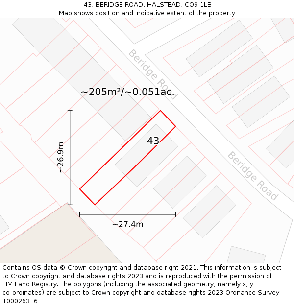 43, BERIDGE ROAD, HALSTEAD, CO9 1LB: Plot and title map