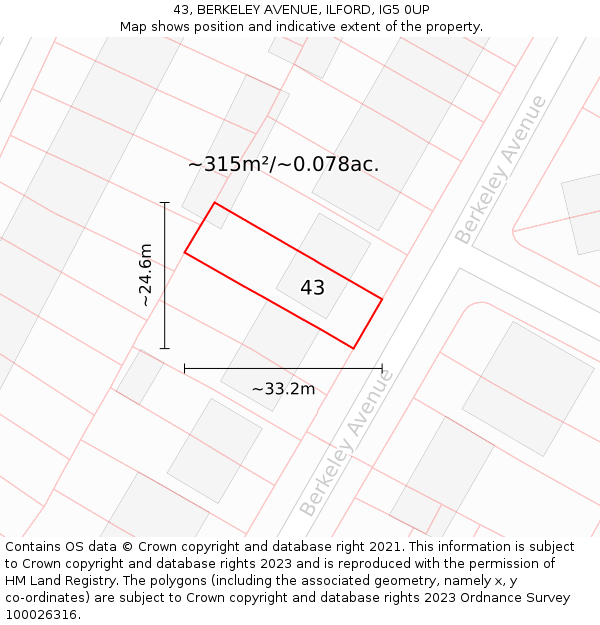 43, BERKELEY AVENUE, ILFORD, IG5 0UP: Plot and title map