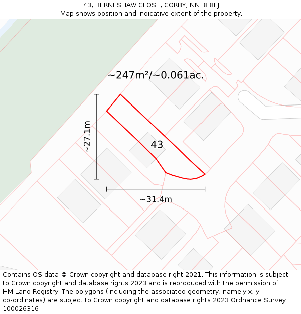 43, BERNESHAW CLOSE, CORBY, NN18 8EJ: Plot and title map