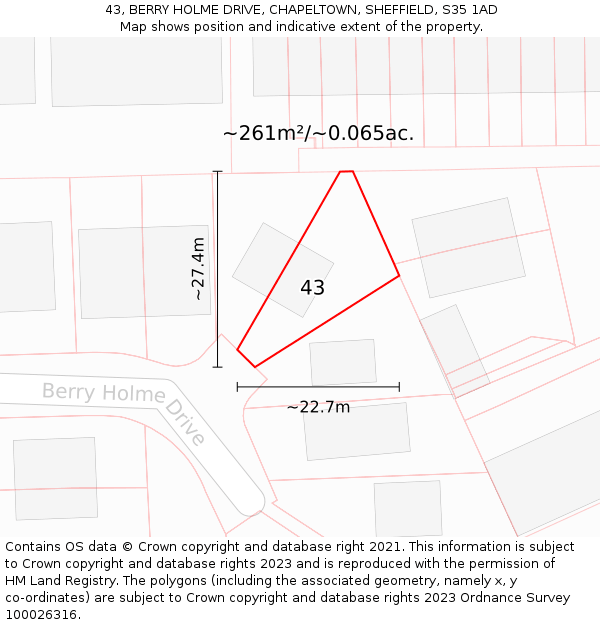 43, BERRY HOLME DRIVE, CHAPELTOWN, SHEFFIELD, S35 1AD: Plot and title map