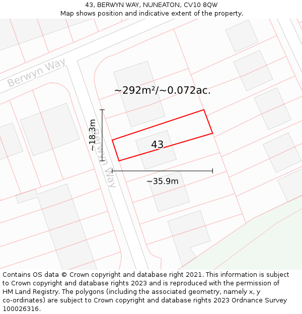 43, BERWYN WAY, NUNEATON, CV10 8QW: Plot and title map