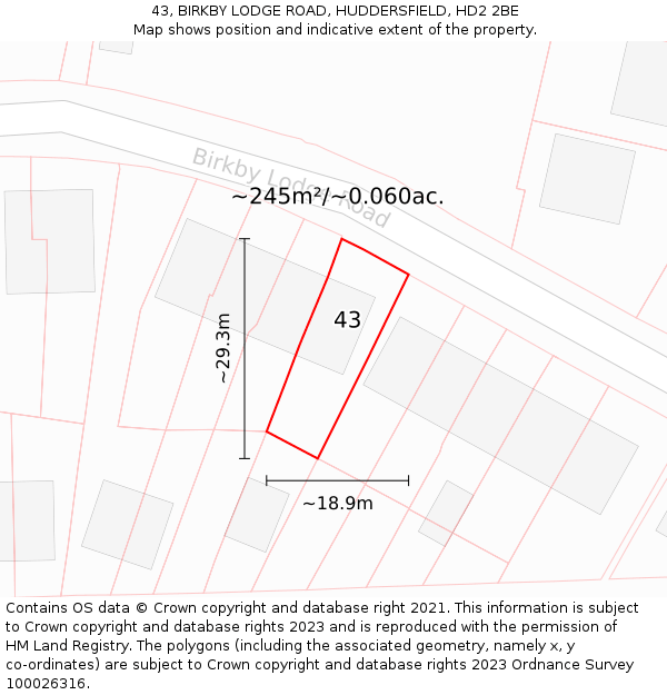 43, BIRKBY LODGE ROAD, HUDDERSFIELD, HD2 2BE: Plot and title map