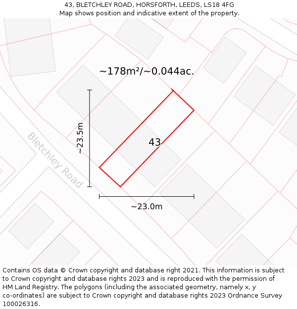 43, BLETCHLEY ROAD, HORSFORTH, LEEDS, LS18 4FG: Plot and title map