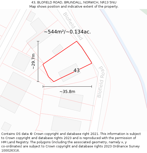 43, BLOFIELD ROAD, BRUNDALL, NORWICH, NR13 5NU: Plot and title map