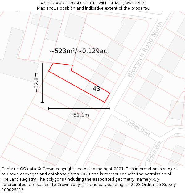 43, BLOXWICH ROAD NORTH, WILLENHALL, WV12 5PS: Plot and title map