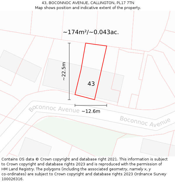 43, BOCONNOC AVENUE, CALLINGTON, PL17 7TN: Plot and title map