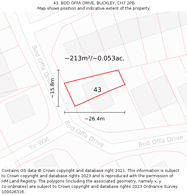43, BOD OFFA DRIVE, BUCKLEY, CH7 2PB: Plot and title map
