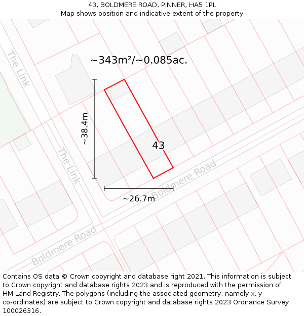 43, BOLDMERE ROAD, PINNER, HA5 1PL: Plot and title map