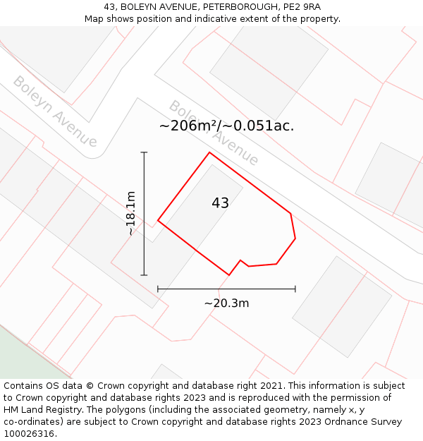 43, BOLEYN AVENUE, PETERBOROUGH, PE2 9RA: Plot and title map