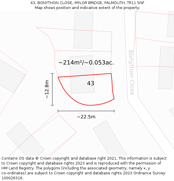 43, BONYTHON CLOSE, MYLOR BRIDGE, FALMOUTH, TR11 5NF: Plot and title map