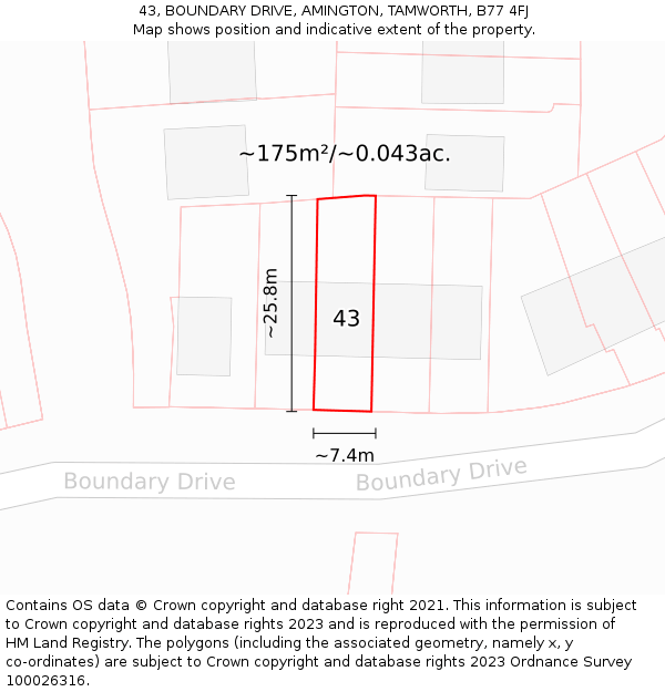 43, BOUNDARY DRIVE, AMINGTON, TAMWORTH, B77 4FJ: Plot and title map