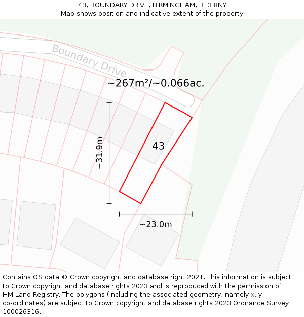 43, BOUNDARY DRIVE, BIRMINGHAM, B13 8NY: Plot and title map