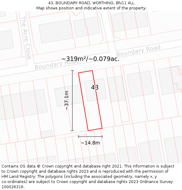 43, BOUNDARY ROAD, WORTHING, BN11 4LL: Plot and title map