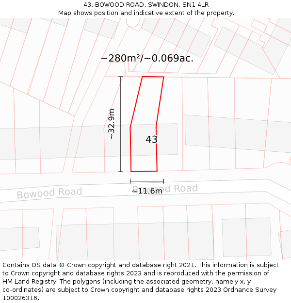 43, BOWOOD ROAD, SWINDON, SN1 4LR: Plot and title map
