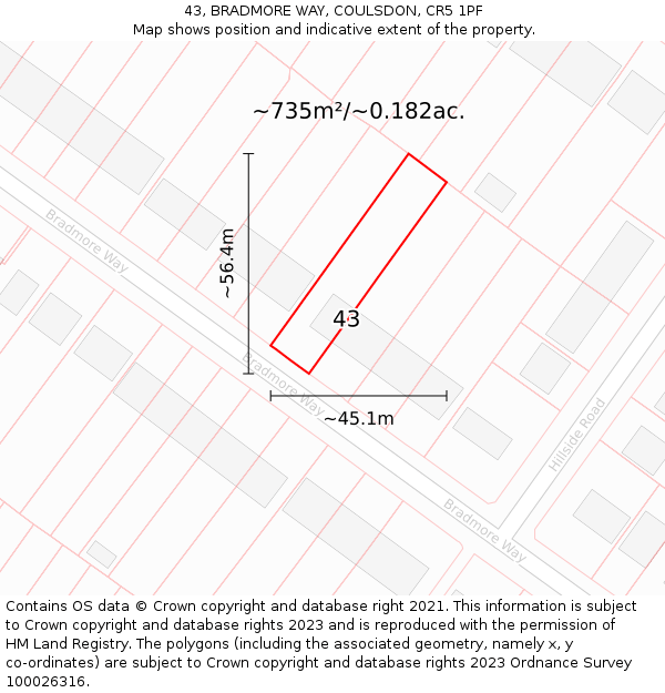 43, BRADMORE WAY, COULSDON, CR5 1PF: Plot and title map