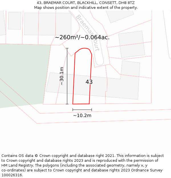 43, BRAEMAR COURT, BLACKHILL, CONSETT, DH8 8TZ: Plot and title map