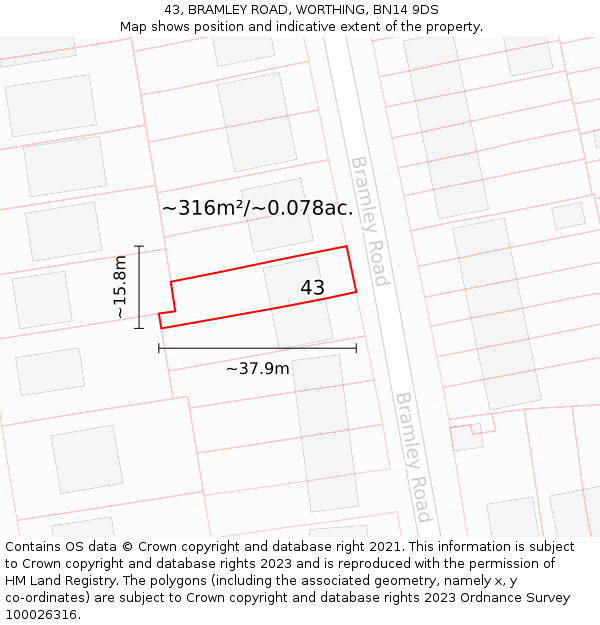 43, BRAMLEY ROAD, WORTHING, BN14 9DS: Plot and title map
