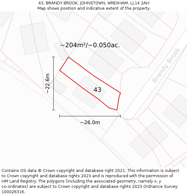 43, BRANDY BROOK, JOHNSTOWN, WREXHAM, LL14 2AH: Plot and title map