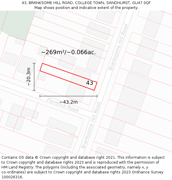 43, BRANKSOME HILL ROAD, COLLEGE TOWN, SANDHURST, GU47 0QF: Plot and title map