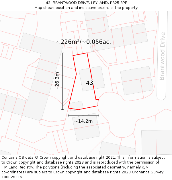 43, BRANTWOOD DRIVE, LEYLAND, PR25 3PF: Plot and title map