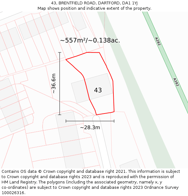 43, BRENTFIELD ROAD, DARTFORD, DA1 1YJ: Plot and title map