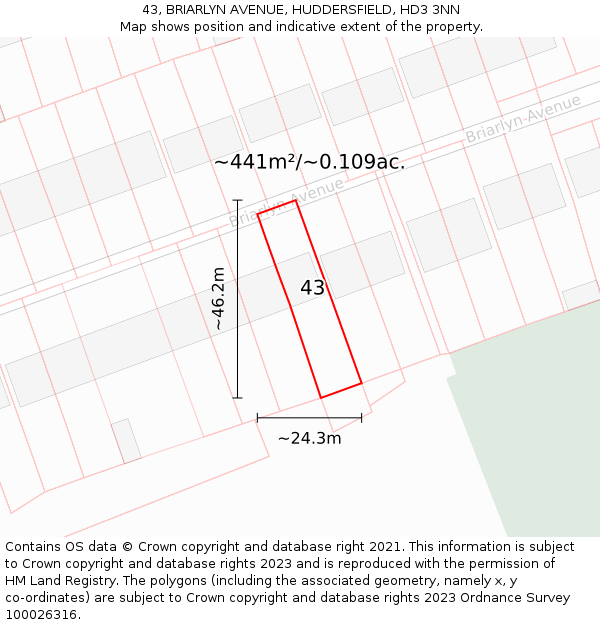 43, BRIARLYN AVENUE, HUDDERSFIELD, HD3 3NN: Plot and title map