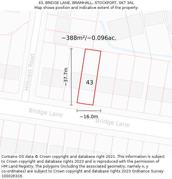 43, BRIDGE LANE, BRAMHALL, STOCKPORT, SK7 3AL: Plot and title map