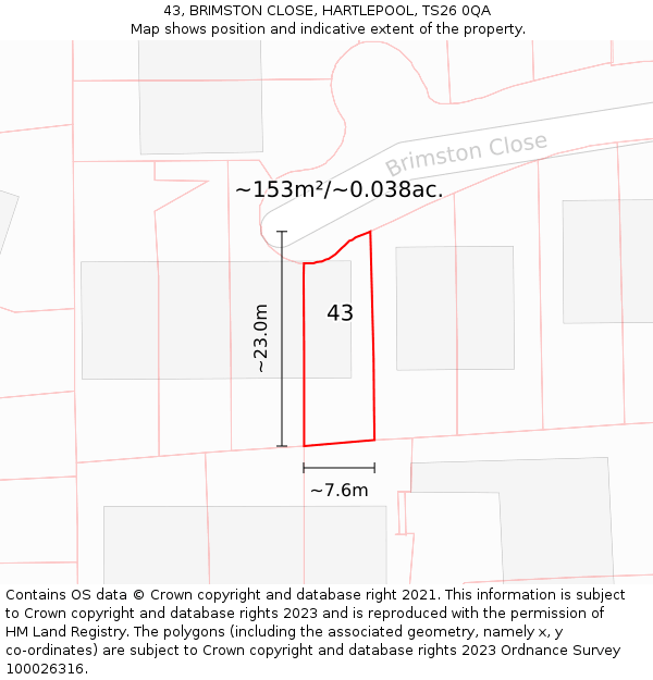 43, BRIMSTON CLOSE, HARTLEPOOL, TS26 0QA: Plot and title map
