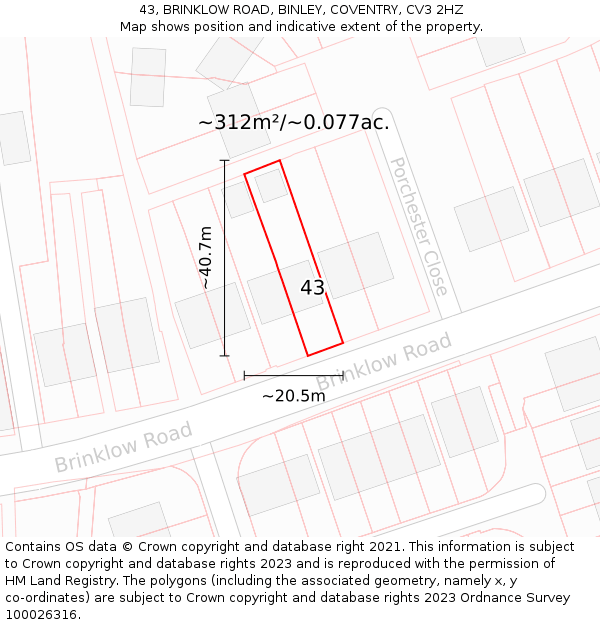 43, BRINKLOW ROAD, BINLEY, COVENTRY, CV3 2HZ: Plot and title map
