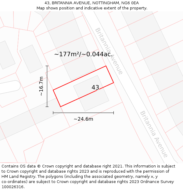 43, BRITANNIA AVENUE, NOTTINGHAM, NG6 0EA: Plot and title map