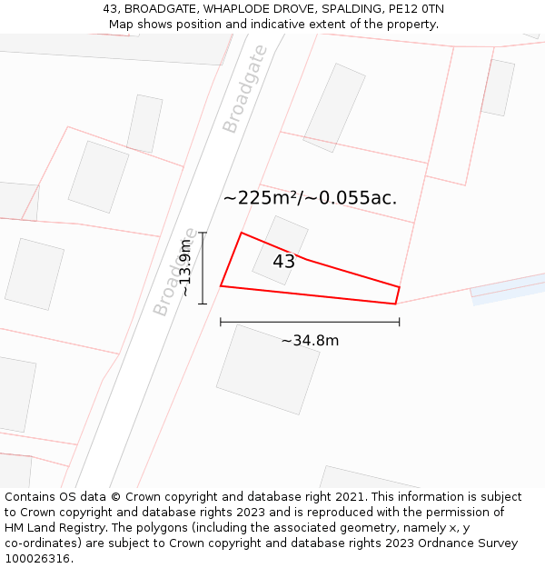 43, BROADGATE, WHAPLODE DROVE, SPALDING, PE12 0TN: Plot and title map