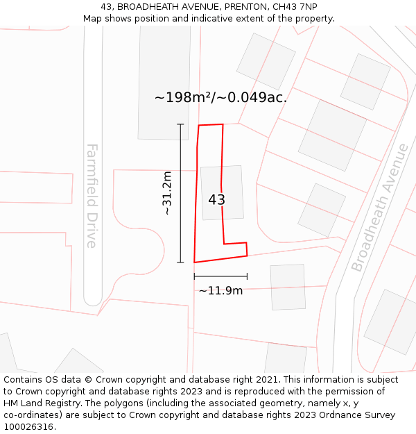 43, BROADHEATH AVENUE, PRENTON, CH43 7NP: Plot and title map