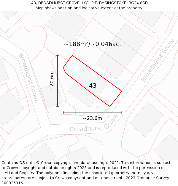 43, BROADHURST GROVE, LYCHPIT, BASINGSTOKE, RG24 8SB: Plot and title map