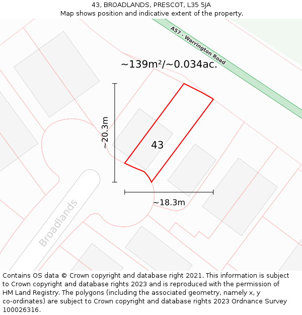 43, BROADLANDS, PRESCOT, L35 5JA: Plot and title map