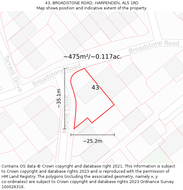 43, BROADSTONE ROAD, HARPENDEN, AL5 1RD: Plot and title map