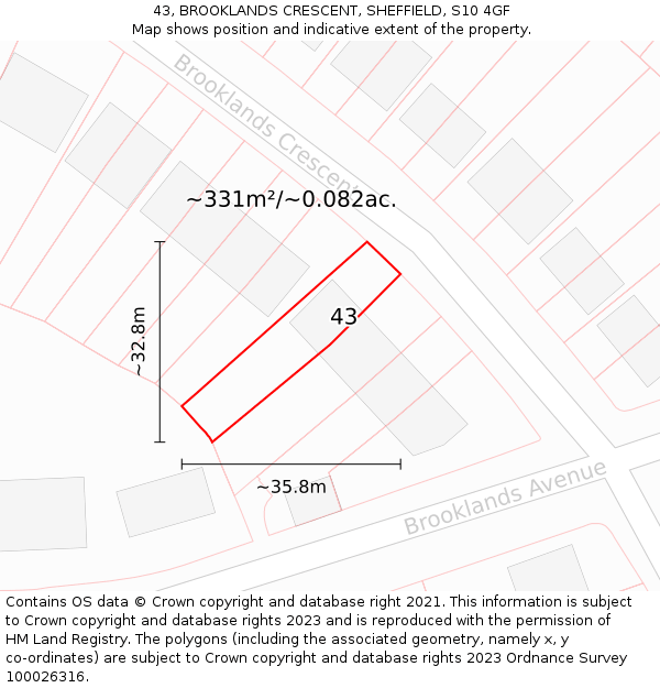 43, BROOKLANDS CRESCENT, SHEFFIELD, S10 4GF: Plot and title map