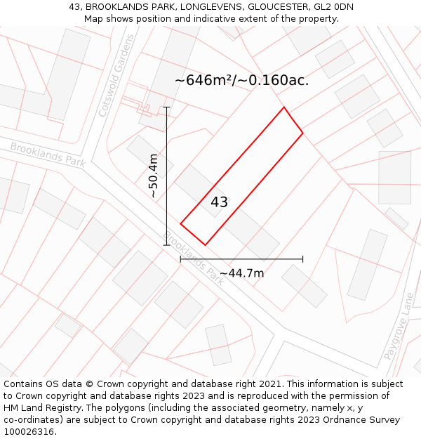 43, BROOKLANDS PARK, LONGLEVENS, GLOUCESTER, GL2 0DN: Plot and title map
