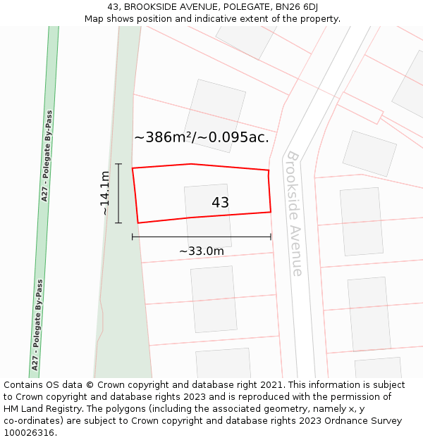 43, BROOKSIDE AVENUE, POLEGATE, BN26 6DJ: Plot and title map